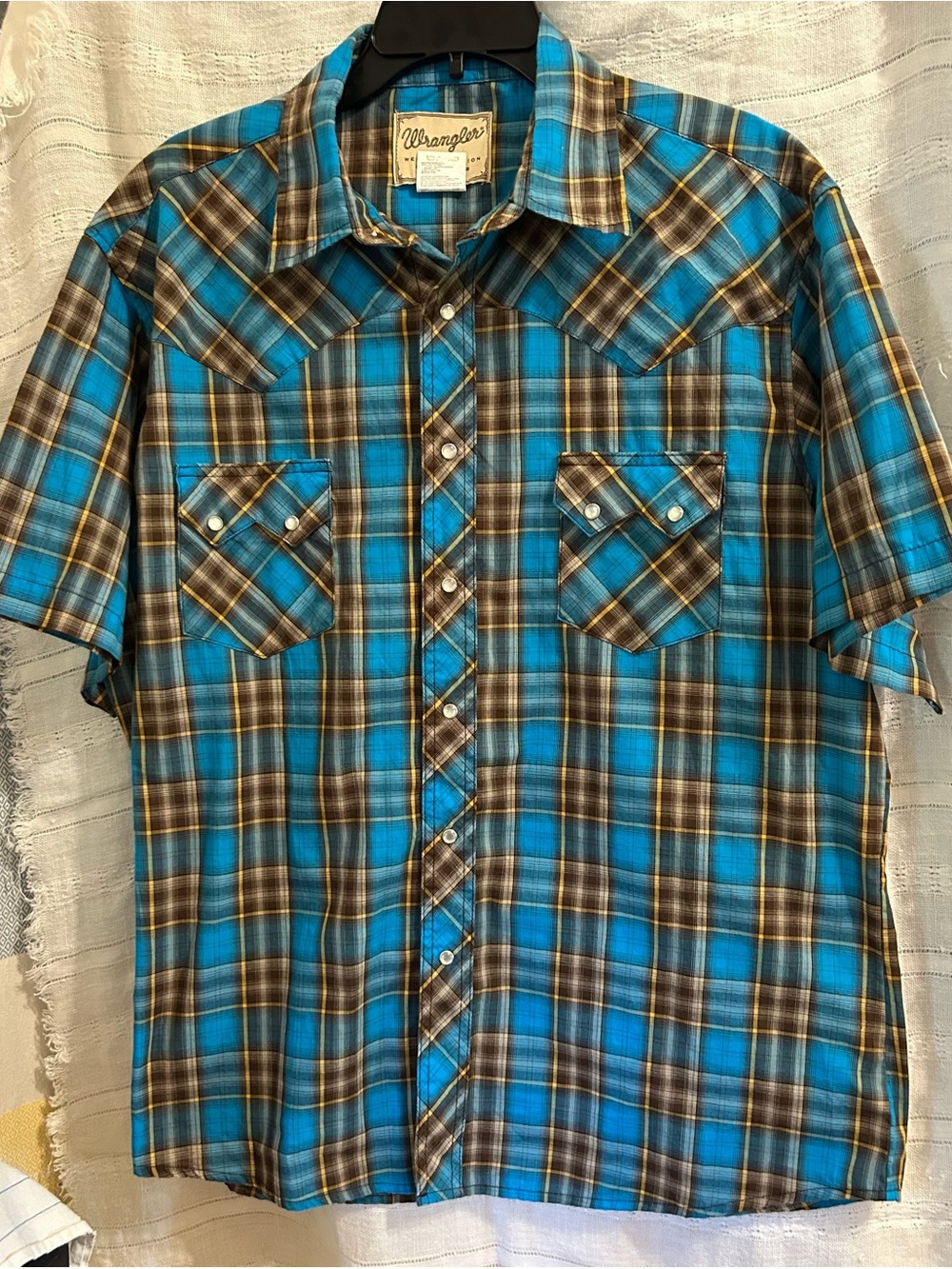 Wrangler Short-Sleeve Plaid Button-Down Shirt - Turquoise and Brown